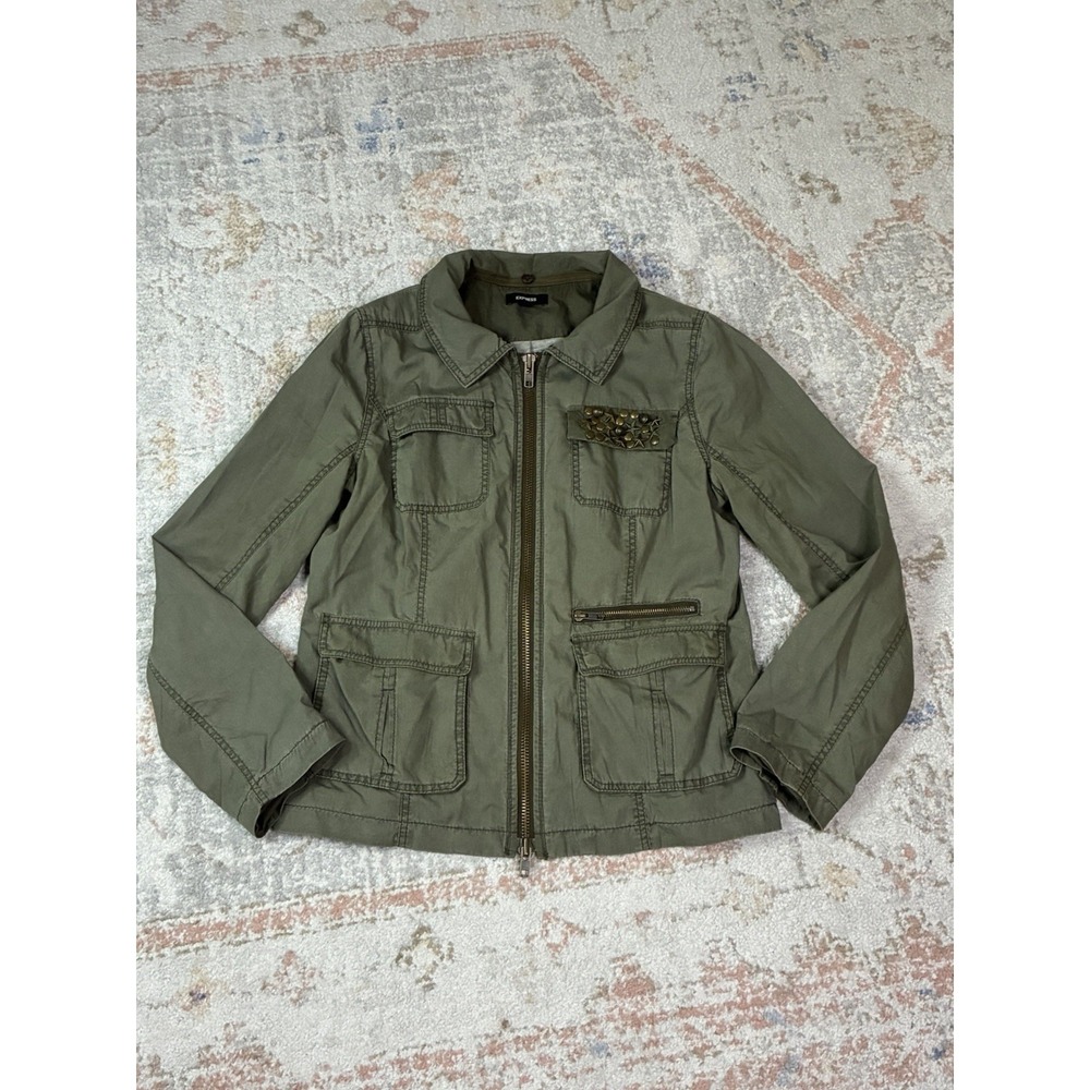 Express Olive Green Utility Jacket Studded Cargo Streetwear Grunge Gorpcore L